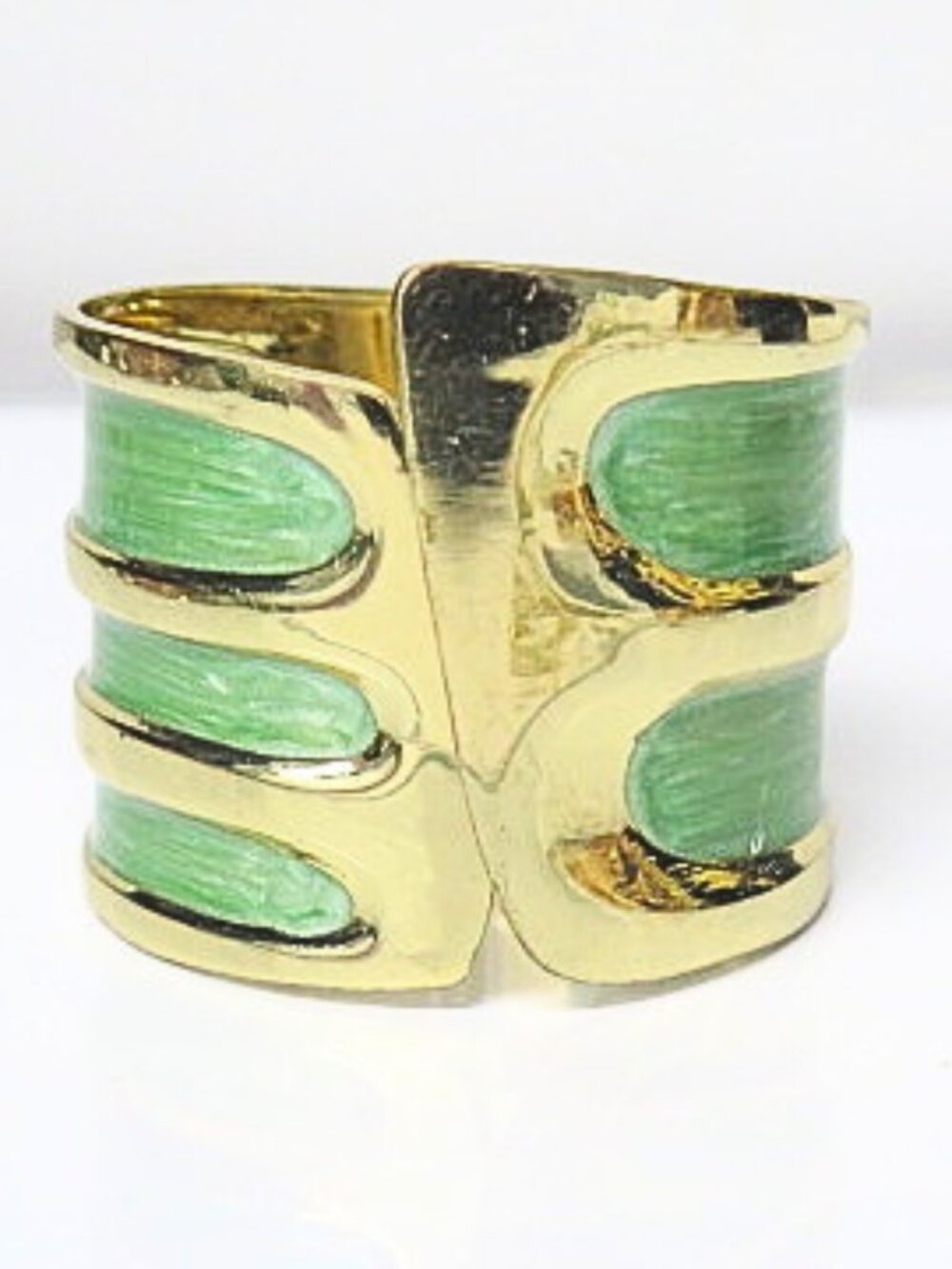 Vintage Gold Tone Mint Green Enamel Wide Cuff Bracelet